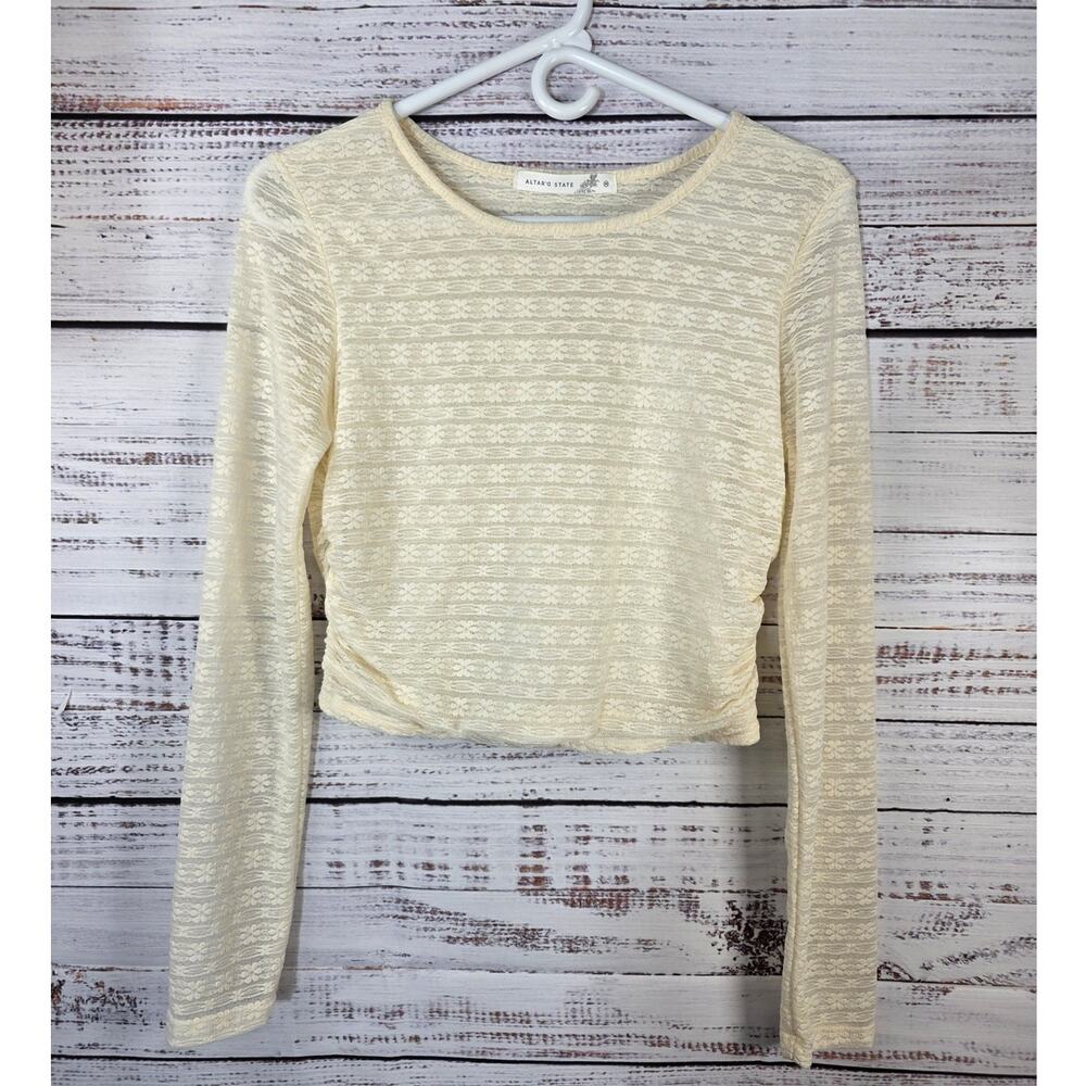 Altar'd State White mesh/floral long sleeve top women's size medium